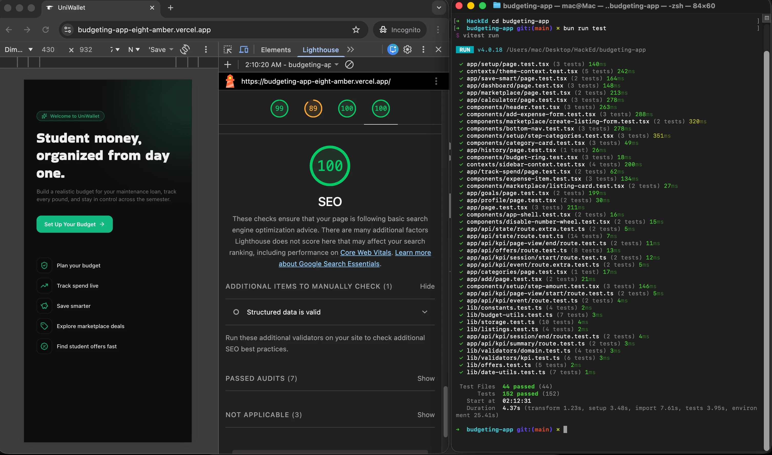 Budgeting app audit panel with near-perfect SEO score